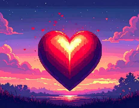 Large pixel heart floating over a tranquil, colorful sunset scene