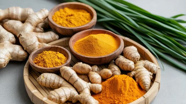 Fresh turmeric root and bright turmeric powder bamboo tray with green stalks warm spice wooden bowl