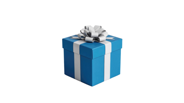 A beautifully wrapped blue gift box with an elegant white ribbon and bow, perfect for celebrations, holidays, or special occasions, isolated. background removed