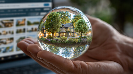 Crystal ball magnifies miniature elegant house with landscaped gardens beautifully.
