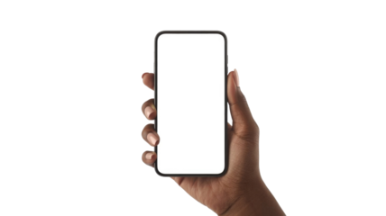 Dark-skinned hand holding a modern smartphone with a blank white screen, ready for custom content display, set against a solid transparent background. background removed