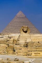 Front View of the Great Sphinx of Giza with the Pyramid of Khafre Rising Majestically Behind in Egypt