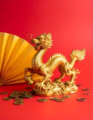 Fototapeta premium Golden Dragon Figurine with Chinese Coins and Fan on Red Background.