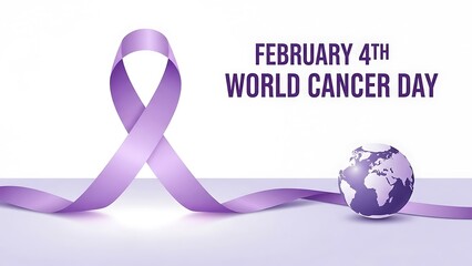 World cancer day, observed on february 4th, with a symbolic purple awareness ribbon and a globe, advocating global unity in the fight against cancer