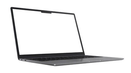Fototapeta premium A sleek silver-gray laptop, possibly a MacBook, shown open with a blank screen at an angle on a transparent background. background removed