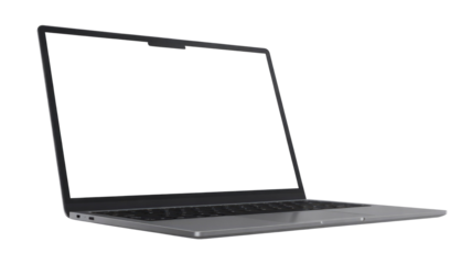 A sleek silver-gray laptop, possibly a MacBook, shown open with a blank screen at an angle on a transparent background. background removed