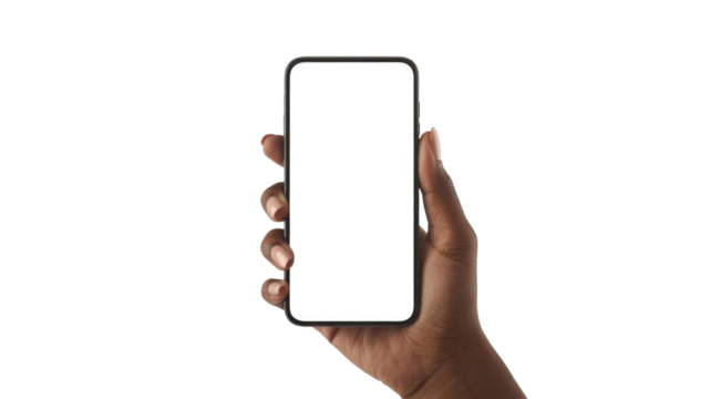 Dark-skinned hand holding a modern smartphone with a blank white screen, ready for custom content display, set against a solid transparent background. background removed