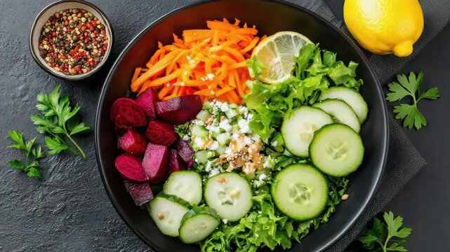 Fresh vegetable salad bowl with cucumber, beet, carrot, lettuce and lemon zest vibrant healthy