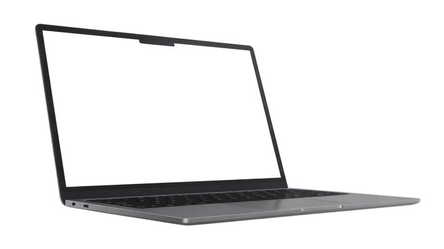 A sleek silver-gray laptop, possibly a MacBook, shown open with a blank screen at an angle on a transparent background. background removed