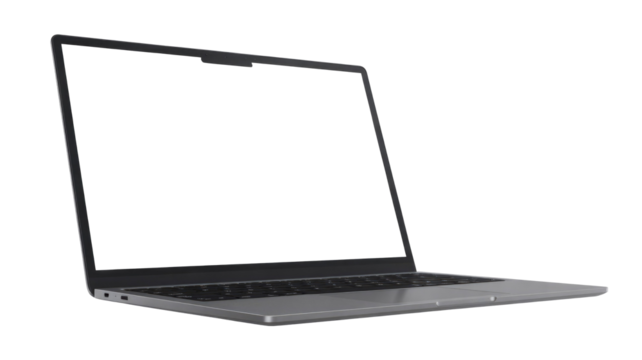 A sleek silver-gray laptop, possibly a MacBook, shown open with a blank screen at an angle on a transparent background. background removed