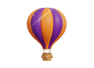 Fototapeta premium A realistic 3D rendering of a hot air balloon with alternating purple and orange panels, suspended in the air with subtle sparkling highlights against a transparent background