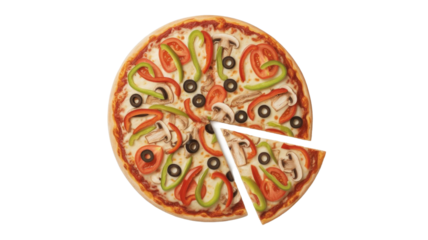A delicious pizza, richly topped with mushrooms, bell peppers, olives, and tomatoes, with one perfect slice pulled away, ready to eat. background removed
