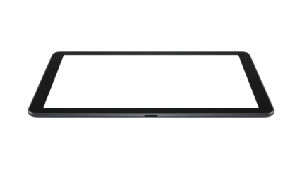 Modern black tablet with blank screen, perfect for showcasing app interfaces or digital content on a transparent background. background removed