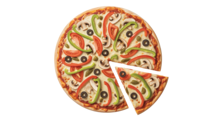 A delicious veggie pizza with colorful bell peppers, mushrooms, olives, and tomatoes; one slice is separated. background removed