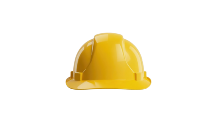 A bright yellow hard hat, symbolizing safety and protection in construction, is centered on a solid dark transparent background. background removed
