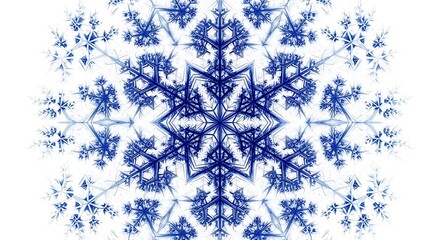 Intricate Blue Snowflake Fractal Design on White Background.