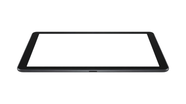 Modern black tablet with blank screen, perfect for showcasing app interfaces or digital content on a transparent background. background removed