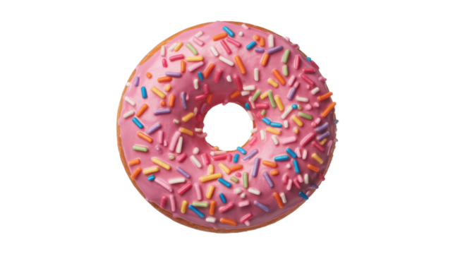 A delicious pink-frosted donut adorned with a vibrant assortment of colorful sprinkles, isolated as a transparent PNG for various design uses. background removed