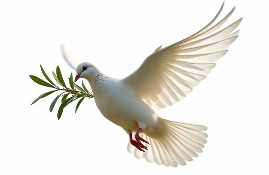 White dove flies with olive branch in beak on white background. Bird symbolizes peace hope faith and freedom. It carries sprig with green leaves. Spiritual icon for print design. - Powered by Adobe
