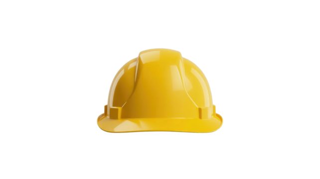 A bright yellow hard hat, symbolizing safety and protection in construction, is centered on a solid dark transparent background. background removed
