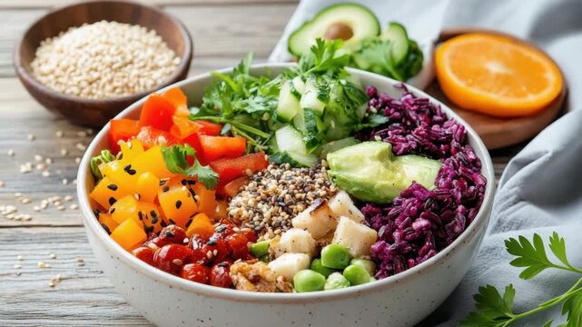 Colorful quinoa avocado cucumber bell pepper sesame purple rice grain bowl with greens and seeds