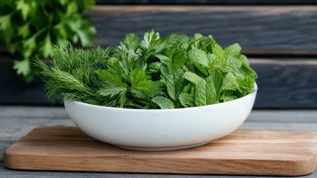 Herb parsley mint dill bowl wooden board with vibrant green aromatic herbs bright kitchen scene