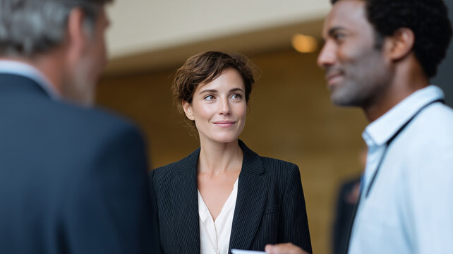 Confident businesswoman in formal suit smiling during professional conversation with colleagues in modern office setting, expressing positivity and engagement