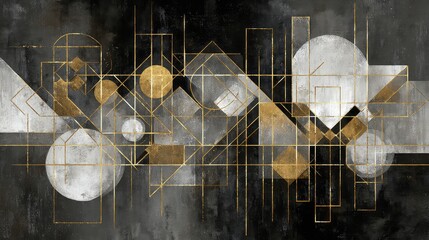 Elegant gold geometric patterns on a charcoal textured background create a sophisticated modern style with a touch of luxury, perfect for adding a contemporary accent to any space