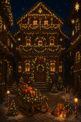 Enchanting Nordic Longhouse Christmas Night with Snow and Festive Lights