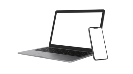 Modern laptop and smartphone with blank white screens, perfect for responsive website and app mockups on a transparent background. background removed