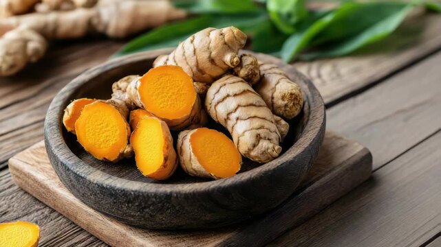 Fresh sliced turmeric root and sliced turmeric wooden bowl rustic table warm golden spice slice