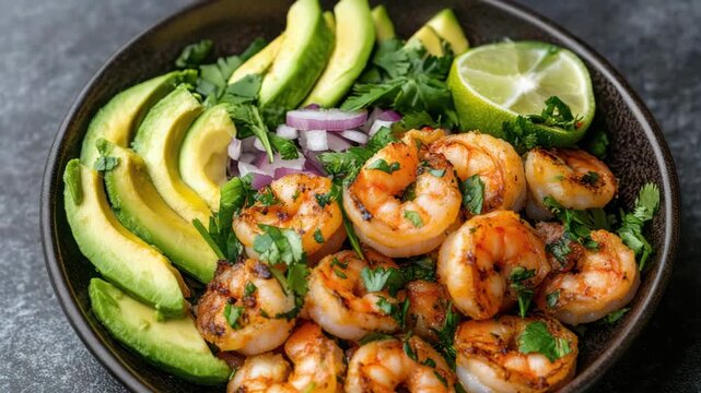 Grilled shrimp avocado lime cilantro bowl. vibrant grilled seafood salad with zesty citrus