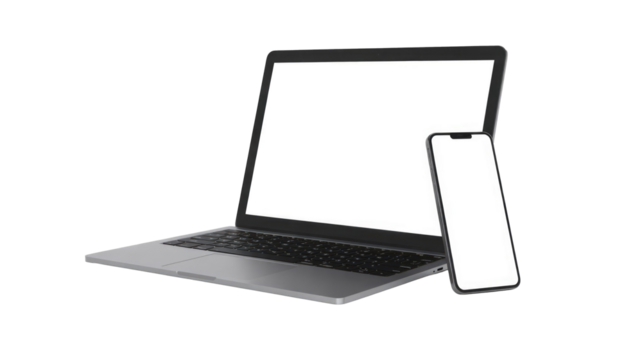 Modern laptop and smartphone with blank white screens, perfect for responsive website and app mockups on a transparent background. background removed