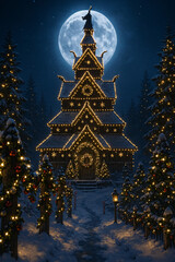 Illuminated Christmas Church in Snowy Nordic Forest Under Full Moon Night