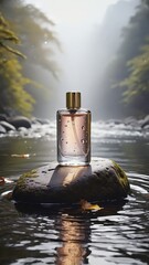 Glass perfume bottle on wet stone in river stream with mist, natural scent fragrance concept, luxury beauty product, fresh water nature background