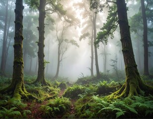 Mystical forest scene with tall trees, soft light, and a misty ambiance