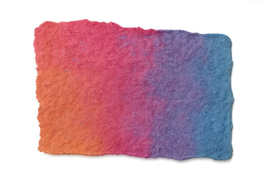 Torn paper piece with rough deckle edges, showing vibrant orange, pink, and blue watercolor gradient texture - Powered by Adobe