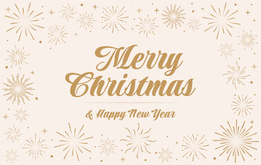 Merry Christmas and Happy New Year Banner or Card with Fireworks and Text. Modern Xmas Background for banner, card, cover, poster. Vector Template.