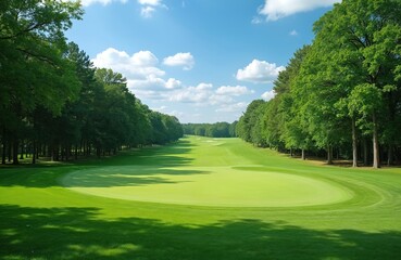 Green golf course fairway lined with tall trees under a clear blue sky with fluffy white clouds. Rich green grass leads to distant sand traps on a sunny day.