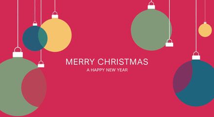 Festive red background with colorful hanging christmas ornaments and merry christmas a happy new year text, perfect for holiday season greetings