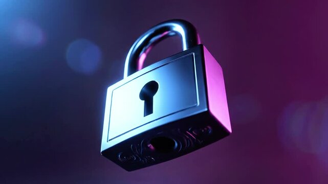 A close-up of a shiny, metallic lock, illuminated by a gradient of blue and pink light