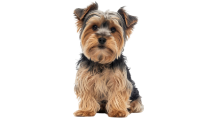 Adorable Yorkie dog with tan and black fur sitting patiently, direct gaze, studio shot, isolated on green. background removed