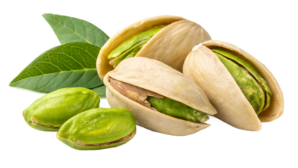 Fresh pistachios with open shells revealing green nuts, isolated on transparent background, high quality.