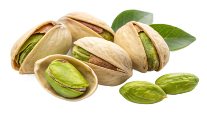 Fresh pistachios with open shells revealing vibrant green nuts, isolated on transparent background, high quality.