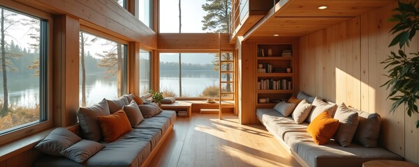 Cozy wooden cabin interior with large windows overlooking serene lake, forest landscape. Comfortable sofas, built-in bookshelves create warm, inviting living space. Lofted sleeping area accessible by