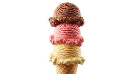 A delightful triple scoop ice cream cone featuring chocolate, strawberry, and vanilla flavors stacked neatly in a crispy waffle cone. background removed