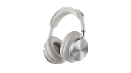 A sleek, modern pair of light gray over-ear headphones with metallic earcups and a mesh headband, presented on a dark transparent background. background removed