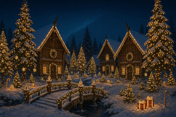 Medieval Nordic Christmas Village with Gift-Filled Sleigh and Festive Decorations