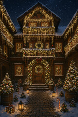 Rustic Nordic Christmas House Entrance with Garland Lights and Snow Decorations