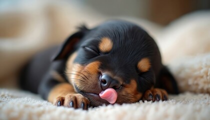 Little black and tan puppy sleeps on a soft fluffy blanket. Tiny dog rests with eyes closed and pink tongue slightly out. Peaceful animal dreams, showing innocence and comfort. Cute pet napping.